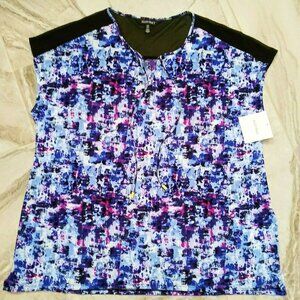 Ellen Tracy Knit Top 1X Blue Abstract Print Split Neck Cap Slv Chiffon Detail